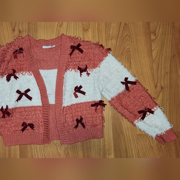 Mighty Fine Pink White Cute Cardigan Sweater with Bows || Medium GUC - Picture 11 of 12